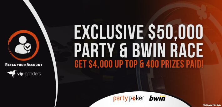 Únete a la carrera de rake más grande de Internet para partypoker y Bwin con un premio acumulado de $50,000!